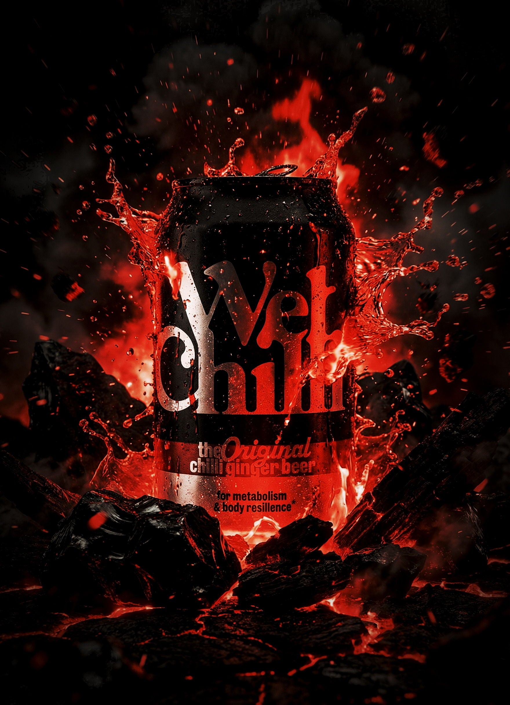 Wetchilli® 330ml can in embers and smoke — the Original Chilli Ginger Beer, on 35mm film