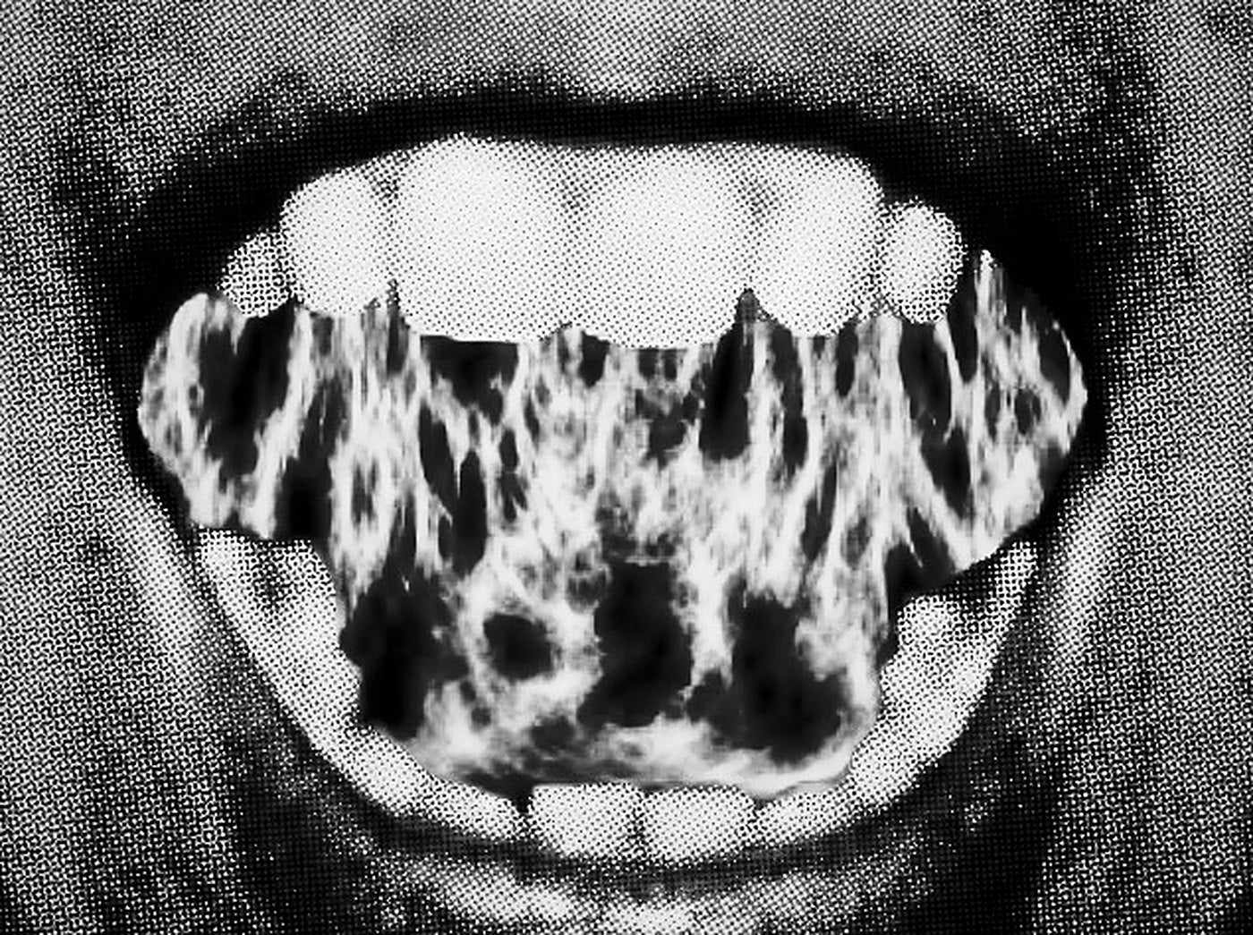 Halftone print of an open mouth with fire burning behind the teeth — black and white